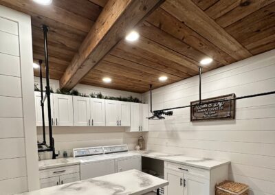 reclaimed mushroom boards used for ceiling and beams in a home